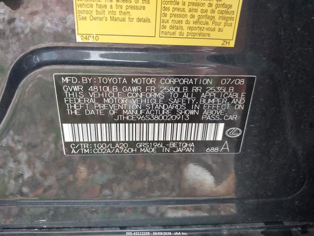 Продажа на аукционе авто 2008 Lexus Gs 350, vin: JTHCE96S380020913, номер лота: 45332259