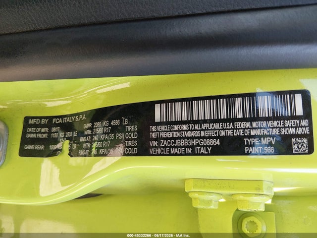 45332266 :رقم المزاد ، ZACCJBBB3HPG08864 vin ، 2017 Jeep Renegade Latitude 4x4 مزاد بيع