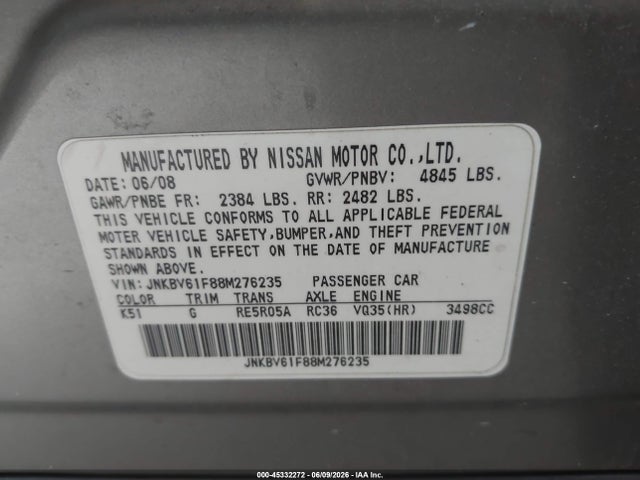 Продажа на аукционе авто 2008 Infiniti G35x, vin: JNKBV61F88M276235, номер лота: 45332272