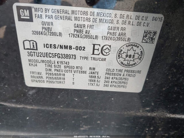 45332275 :رقم المزاد ، 3GTU2UEC5FG338973 vin ، 2015 Gmc Sierra 1500 Sle مزاد بيع