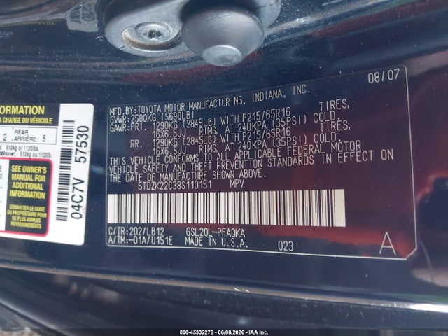 45332276 :رقم المزاد ، 5TDZK22C38S110151 vin ، 2008 Toyota Sienna Xle مزاد بيع