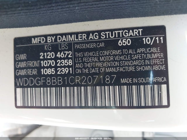 45332277 :رقم المزاد ، WDDGF8BB1CR207187 vin ، 2012 Mercedes-benz C 300 Sport 4matic مزاد بيع