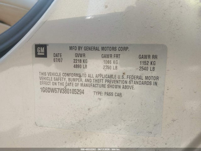 45332282 :رقم المزاد ، 1G6DW67V380105294 vin ، 2008 Cadillac Sts Rwd W/1sa مزاد بيع