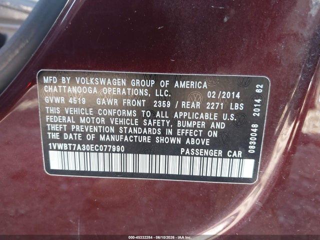 2014 Volkswagen Passat 1.8t Se მანქანა იყიდება აუქციონზე, vin: 1VWBT7A30EC077990, აუქციონის ნომერი: 45332284