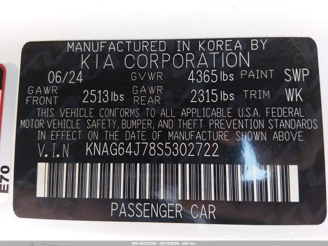Aukcja sprzedaży 2025 Kia K5 Gt-line, vin: KNAG64J78S5302722, numer aukcji: 45332285