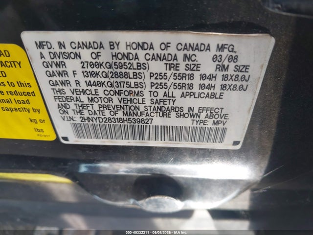 Aukcja sprzedaży 2008 Acura Mdx Technology Package, vin: 2HNYD28318H539827, numer aukcji: 45332311