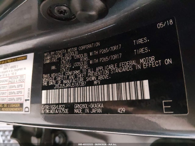 Aukcja sprzedaży 2018 Toyota 4runner Sr5 Premium, vin: JTEZU5JR9J5187387, numer aukcji: 45332323