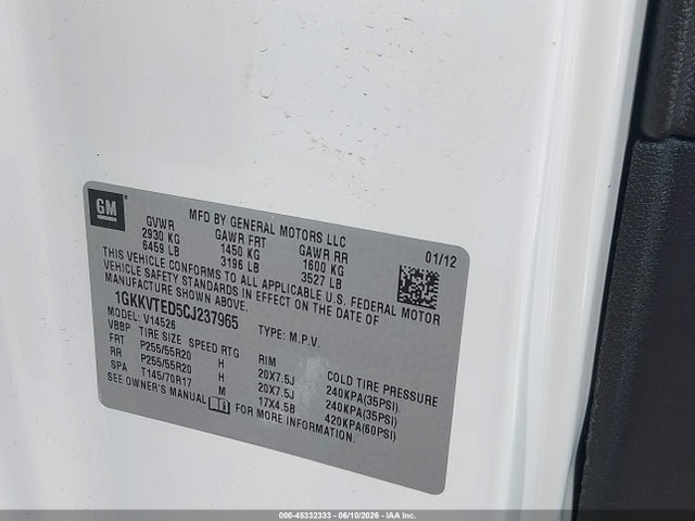 Aukcja sprzedaży 2012 Gmc Acadia Denali, vin: 1GKKVTED5CJ237965, numer aukcji: 45332333