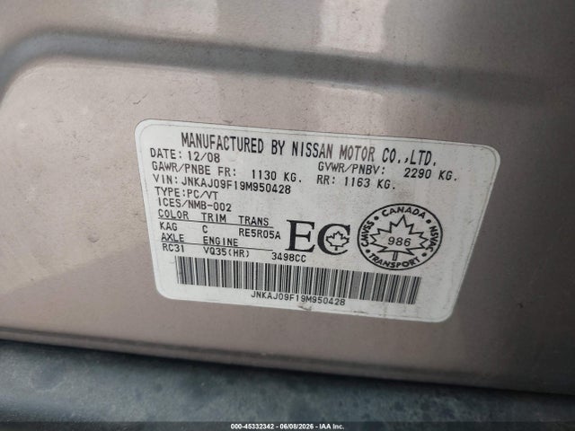 Продаж на аукціоні авто 2009 Infiniti Ex35 Journey, vin: JNKAJ09F19M950428, номер лоту: 45332342
