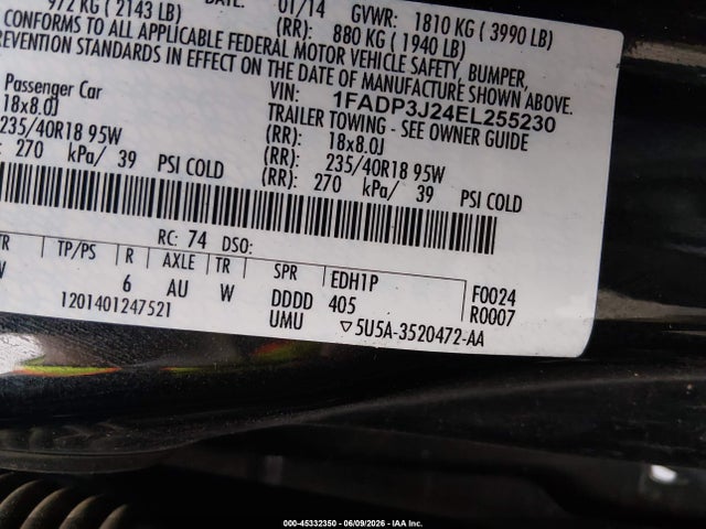 2014 Ford Focus Titanium მანქანა იყიდება აუქციონზე, vin: 1FADP3J24EL255230, აუქციონის ნომერი: 45332350