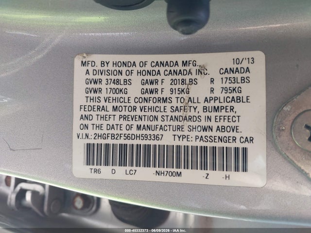 45332373 :رقم المزاد ، 2HGFB2F56DH593367 vin ، 2013 Honda Civic Lx مزاد بيع