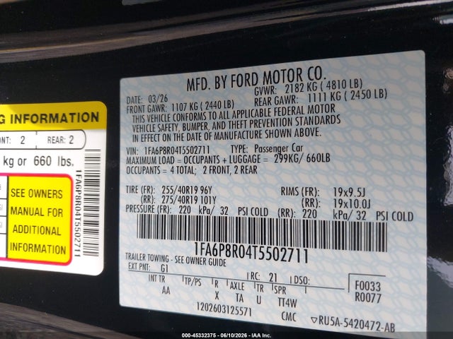 45332375 :رقم المزاد ، 1FA6P8R04T5502711 vin ، 2026 Ford Mustang Dark Horse مزاد بيع