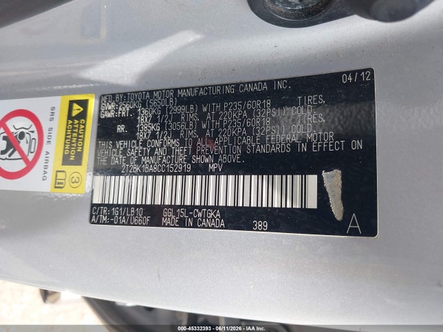 Aukcja sprzedaży 2012 Lexus Rx 350, vin: 2T2BK1BA8CC152919, numer aukcji: 45332393