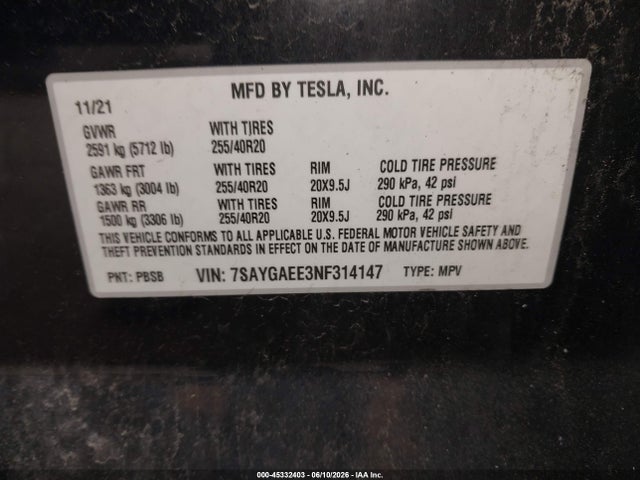 Aukcja sprzedaży 2022 Tesla Model Y Long Range Dual Motor All-wheel Drive, vin: 7SAYGAEE3NF314147, numer aukcji: 45332403