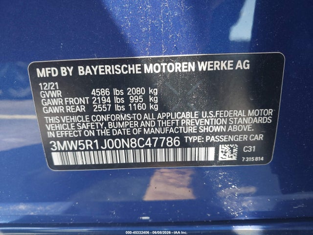 2022 Bmw 330i მანქანა იყიდება აუქციონზე, vin: 3MW5R1J00N8C47786, აუქციონის ნომერი: 45332406