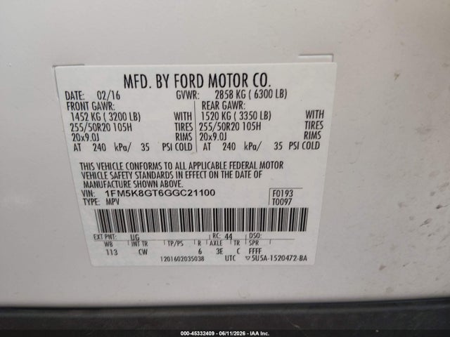 Продажа на аукционе авто 2016 Ford Explorer Sport, vin: 1FM5K8GT6GGC21100, номер лота: 45332409