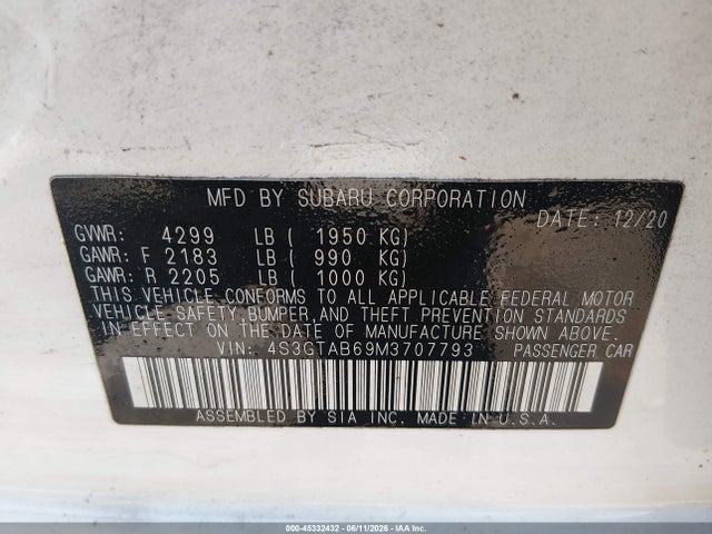Aukcja sprzedaży 2021 Subaru Impreza 5-door, vin: 4S3GTAB69M3707793, numer aukcji: 45332432