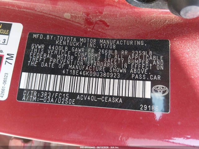 45332442 :رقم المزاد ، 4T1BE46K09U380923 vin ، 2009 Toyota Camry Se مزاد بيع