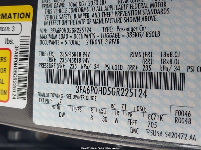 45332449 :رقم المزاد ، 3FA6P0HD5GR225124 vin ، 2016 Ford Fusion Se مزاد بيع