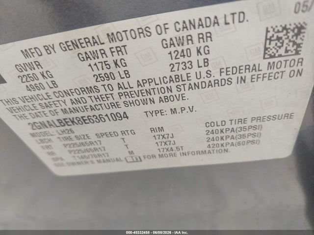 Aukcja sprzedaży 2014 Chevrolet Equinox Lt, vin: 2GNALBEK8E6361094, numer aukcji: 45332458