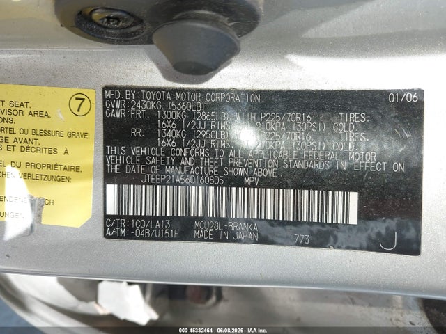 45332464 :رقم المزاد ، JTEEP21A560160805 vin ، 2006 Toyota Highlander V6 مزاد بيع