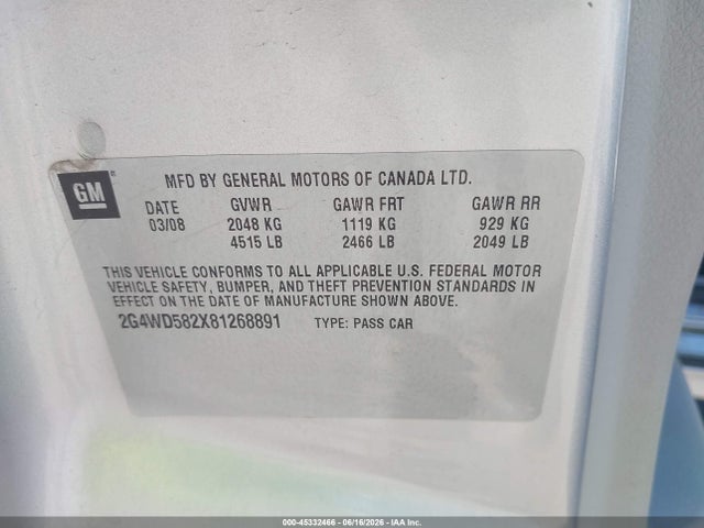 Продажа на аукционе авто 2008 Buick Lacrosse Cxl, vin: 2G4WD582X81268891, номер лота: 45332466