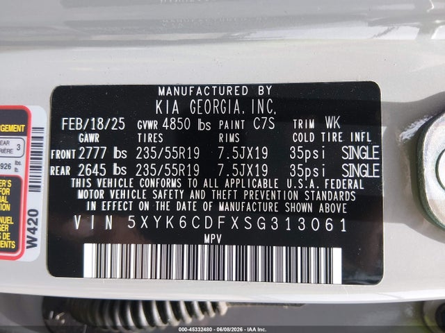 2025 Kia Sportage X-line მანქანა იყიდება აუქციონზე, vin: 5XYK6CDFXSG313061, აუქციონის ნომერი: 45332480