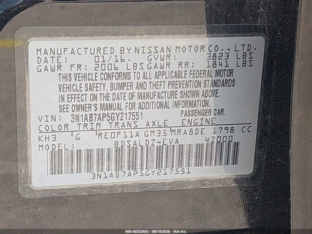 Продажа на аукционе авто 2016 Nissan Sentra Sv, vin: 3N1AB7AP5GY217551, номер лота: 45332483