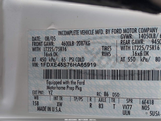 Продажа на аукционе авто 2006 Ford E-450 Cutaway, vin: 1FDXE45S76HA65919, номер лота: 45332484