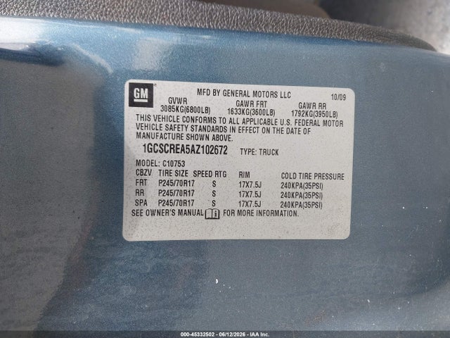 Продаж на аукціоні авто 2010 Chevrolet Silverado 1500 Ls, vin: 1GCSCREA5AZ102672, номер лоту: 45332502