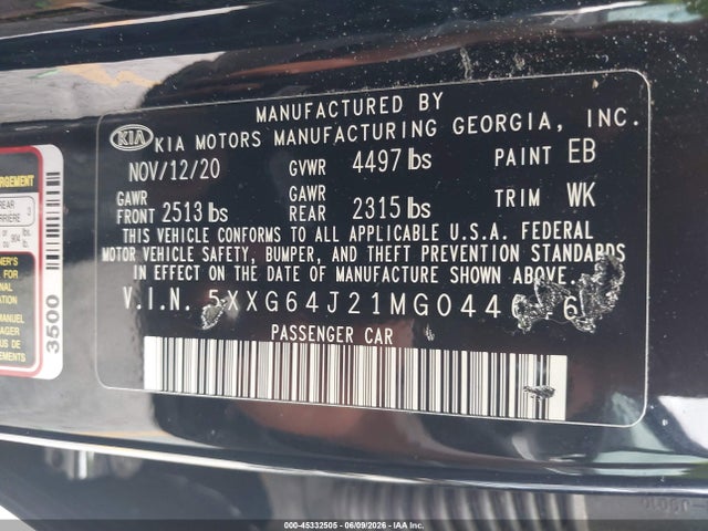 2021 Kia K5 Gt-line მანქანა იყიდება აუქციონზე, vin: 5XXG64J21MG044646, აუქციონის ნომერი: 45332505