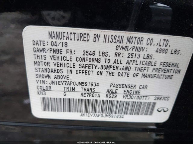 Продажа на аукционе авто 2018 Infiniti Q50 3.0t Luxe, vin: JN1EV7AP0JM591634, номер лота: 45332511