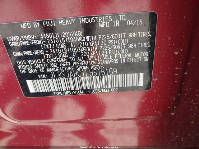 2015 Subaru Forester 2.5i Limited მანქანა იყიდება აუქციონზე, vin: JF2SJAHC1FH816169, აუქციონის ნომერი: 45332533