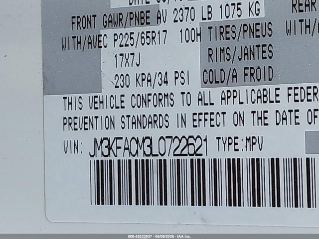 2020 Mazda Cx-5 Touring მანქანა იყიდება აუქციონზე, vin: JM3KFACM3L0722621, აუქციონის ნომერი: 45332537