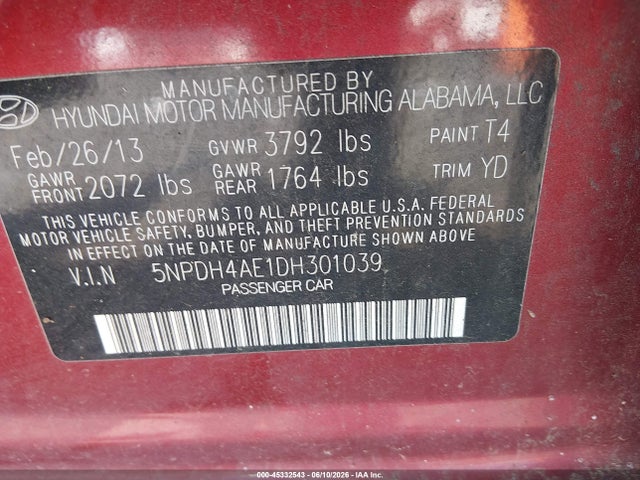 Продаж на аукціоні авто 2013 Hyundai Elantra Gls, vin: 5NPDH4AE1DH301039, номер лоту: 45332543