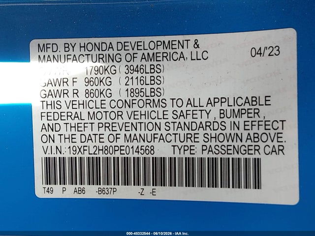 2023 Honda Civic Sport მანქანა იყიდება აუქციონზე, vin: 19XFL2H80PE014568, აუქციონის ნომერი: 45332544