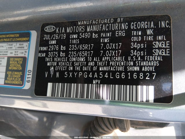 5XYPG4A54LG616827 KIA Sorento 3.3l Lx