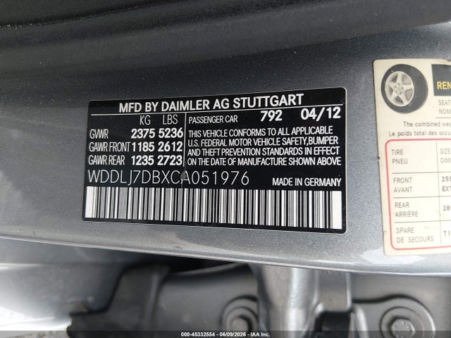 Aukcja sprzedaży 2012 Mercedes-benz Cls 550, vin: WDDLJ7DBXCA051976, numer aukcji: 45332554