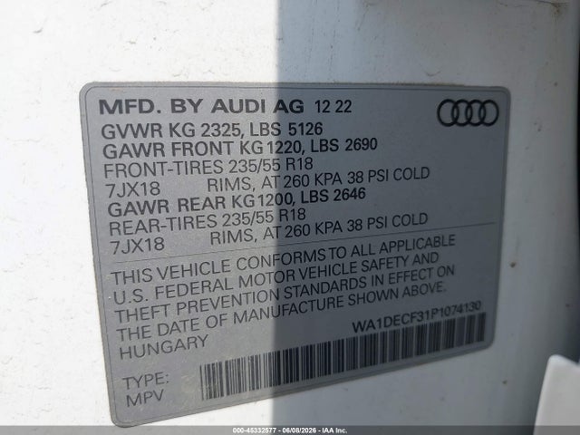 2023 Audi Q3 Premium 45 Tfsi S Line Quattro Tiptronic მანქანა იყიდება აუქციონზე, vin: WA1DECF31P1074130, აუქციონის ნომერი: 45332577