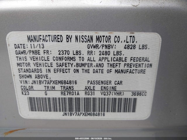 Продаж на аукціоні авто 2014 Infiniti Q50 Premium, vin: JN1BV7APXEM684816, номер лоту: 45332590