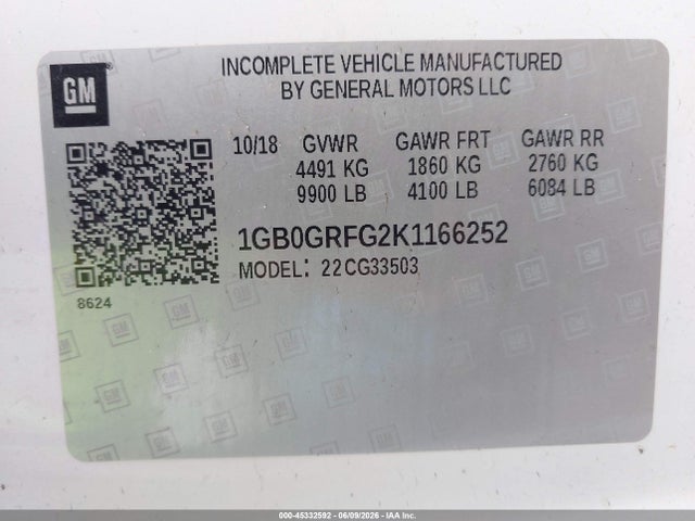 Продажа на аукционе авто 2019 Chevrolet Express Cutaway 4500, vin: 1GB0GRFG2K1166252, номер лота: 45332592