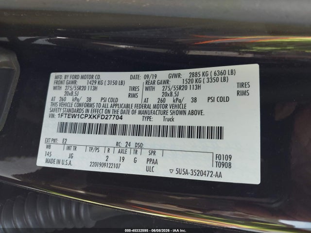 2019 Ford F-150 Xl მანქანა იყიდება აუქციონზე, vin: 1FTEW1CPXKFD27704, აუქციონის ნომერი: 45332595