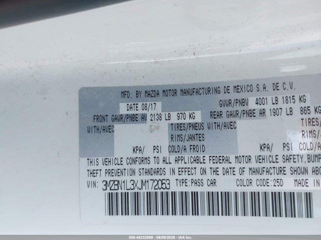 Продаж на аукціоні авто 2018 Mazda Mazda3 Touring, vin: 3MZBN1L3XJM172053, номер лоту: 45332599