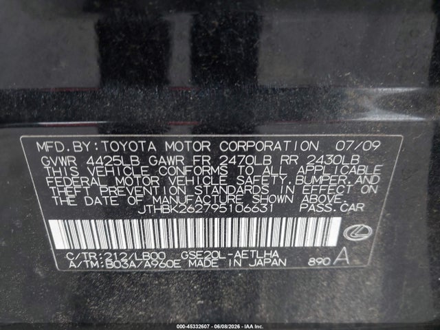 Aukcja sprzedaży 2009 Lexus Is 250, vin: JTHBK262795106631, numer aukcji: 45332607