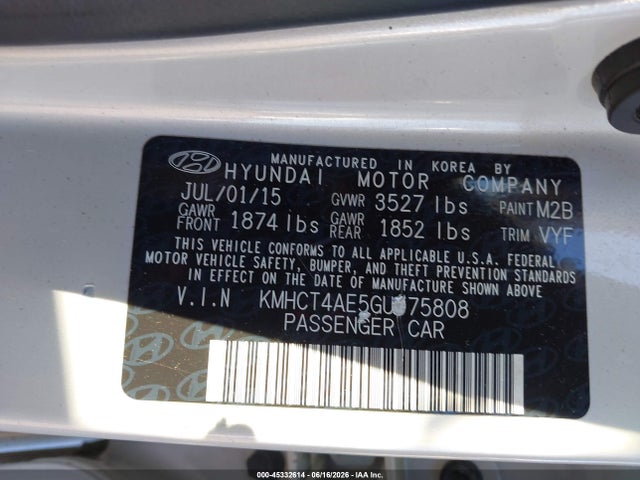 Aukcja sprzedaży 2016 Hyundai Accent Se, vin: KMHCT4AE5GU975808, numer aukcji: 45332614