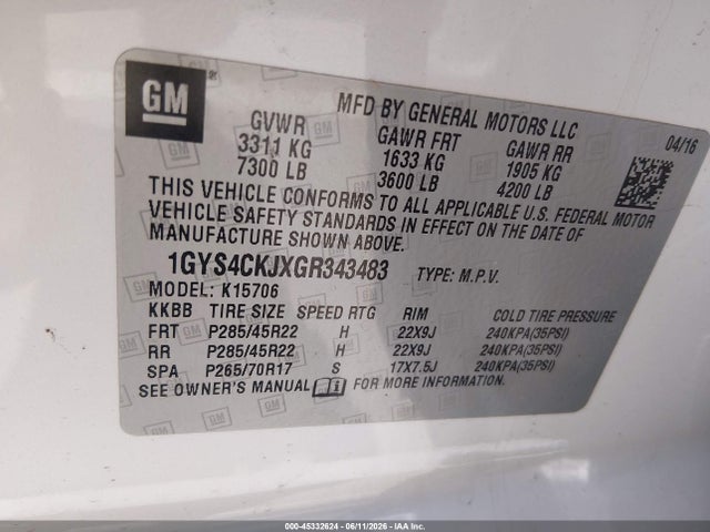 Aukcja sprzedaży 2016 Cadillac Escalade Premium Collection, vin: 1GYS4CKJXGR343483, numer aukcji: 45332624