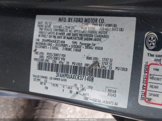 2012 Ford Fusion Sel მანქანა იყიდება აუქციონზე, vin: 3FAHP0JAXCR371408, აუქციონის ნომერი: 45332627