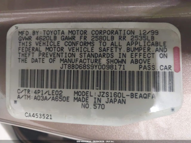 Aukcja sprzedaży 2000 Lexus Gs 300, vin: JT8BD68S9Y0098171, numer aukcji: 45332634