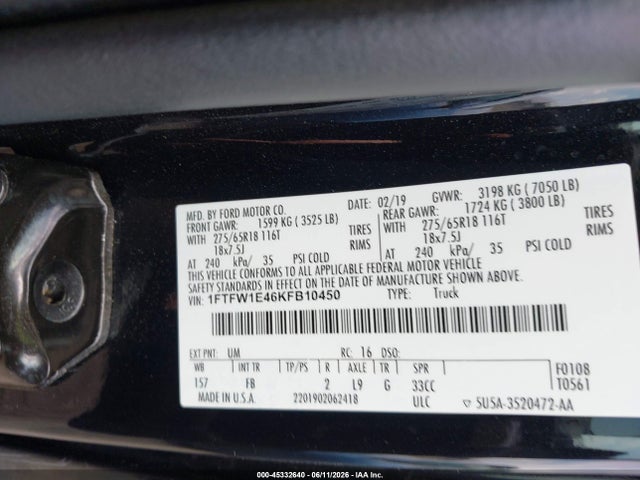 45332640 :رقم المزاد ، 1FTFW1E46KFB10450 vin ، 2019 Ford F-150 Xlt مزاد بيع