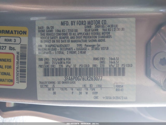 Ford FUSION S 2020 3FA6P0G76LR263077 Image 9